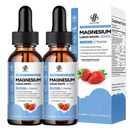 Magnesium Glycinate Liquid Drop with Citrate, Oxide and Taurate, Calm Magnesium with Omega3, L-Theanine, D3, B6, B12 for Calm, Sleep, Leg Cramps, Muscles, Energy, Sugar-Free Strawberry Flavor, 2 Fl Oz