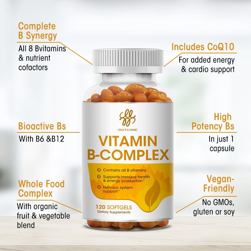 iMATCHME Vitamin B Complex Capsule (B12, B1, B2, B3, B5, B6, B7, B9, Folic Acid & Biotin) ,Reduce Stress & Supports Better Moods ,Assists Nervous System Health & Energy