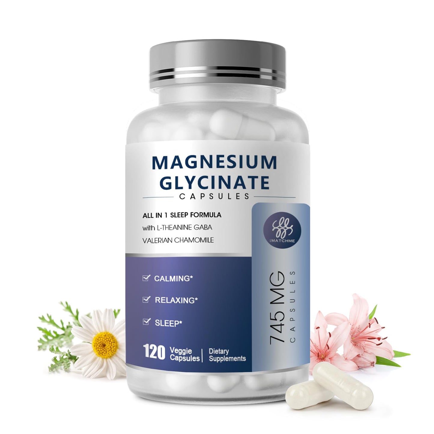 Magnesium Glycinate Supplement with L-Theanine, Chamomile & GABA – Supports Sleep, Calmness, Muscle Relaxation for Men & Women – Vegan, High-Absorption, 120 Capsules