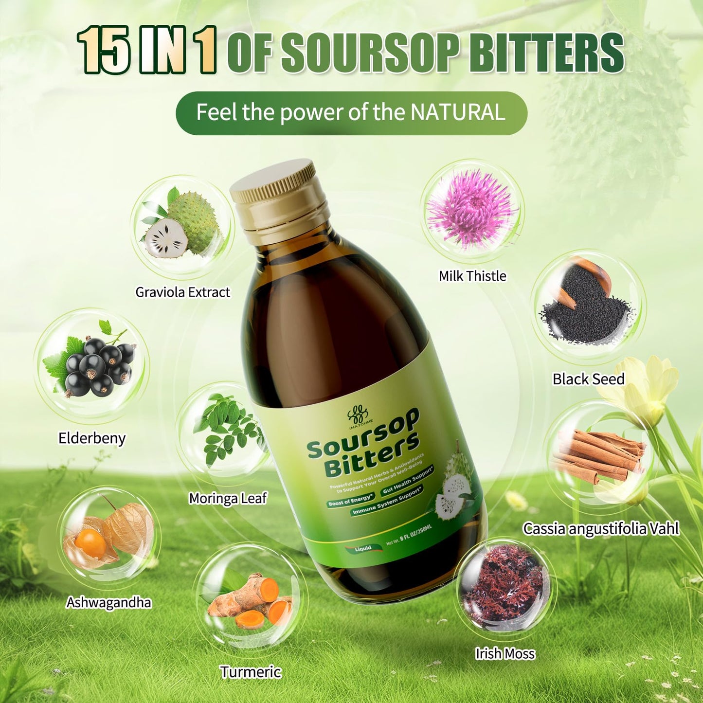 Soursop Bitters Liquid with Black Seed- Pure 15 Herb Mixed Berry with Soursop Leaves,Turmeric & Moringa for Gut Cleanse,Antioxidant,Skin Health,Cell Regeneration,Immune,Mood & Sleep Support 8 fl oz