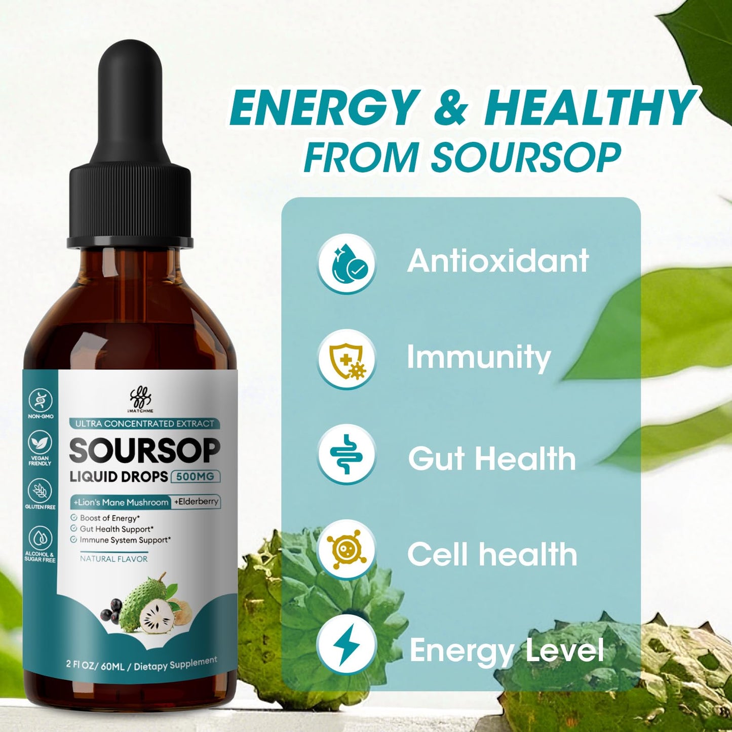 Soursop Graviola Liquid Drop with Lions Mane Mushroom, Elderberry, Natural Flavor, 1 Fl Oz