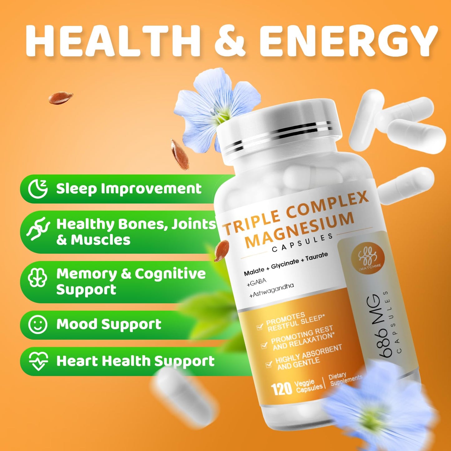 Triple Magnesium Complex Supplement - Magnesium Glycinate, Taurate & Malate with Omega3, GABA, Ashwagandha for Sleep, Muscle & Heart Support - Vegan, Non-GMO, 120 Capsules