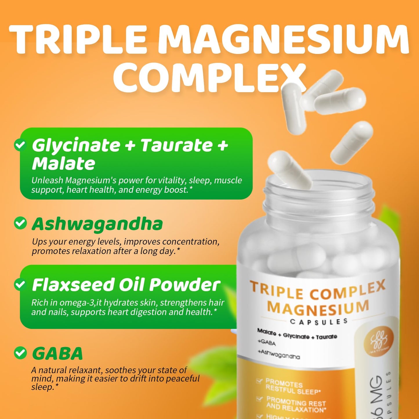 Triple Magnesium Complex Supplement - Magnesium Glycinate, Taurate & Malate with Omega3, GABA, Ashwagandha for Sleep, Muscle & Heart Support - Vegan, Non-GMO, 120 Capsules