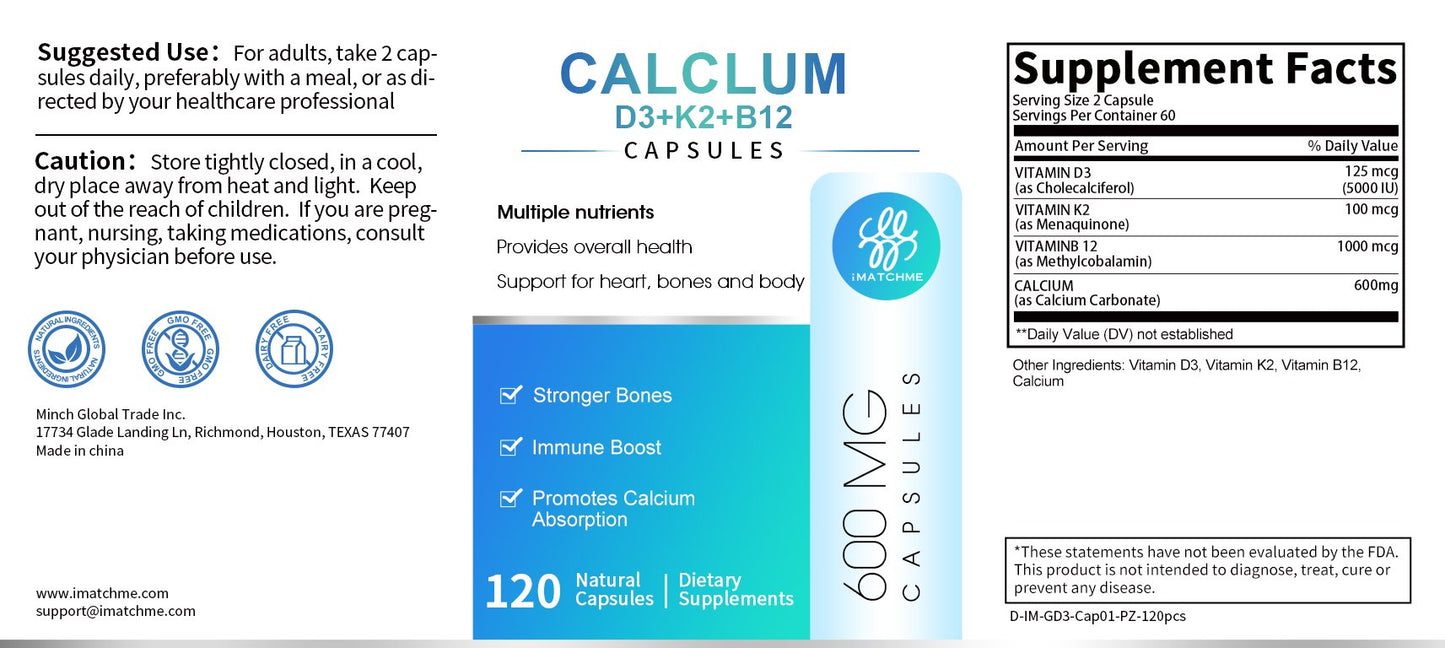 iMATCHME 4-in-1 Calcium Capsules with Vitamin D3,K2,B12 for Heart, Bone & Immune Health Promotes Calcium Absorption