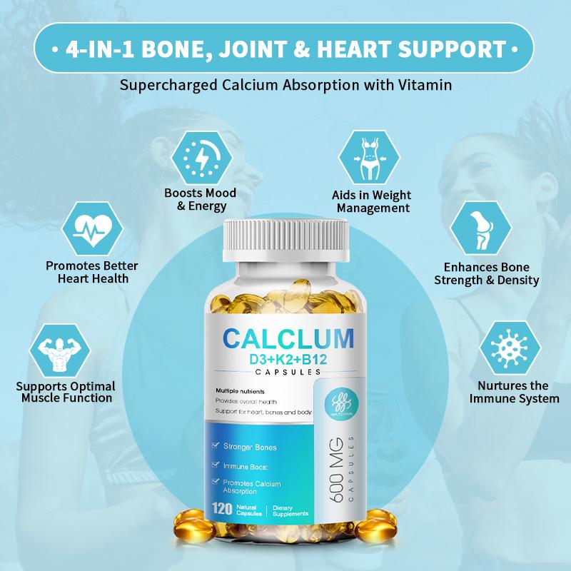 iMATCHME 4-in-1 Calcium Capsules with Vitamin D3,K2,B12 for Heart, Bone & Immune Health Promotes Calcium Absorption